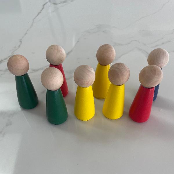 multi coloured wooden peg doll set