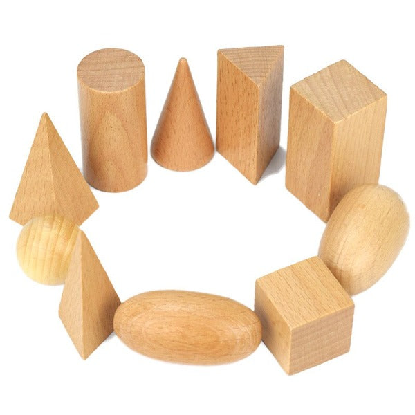 The Eco Kind Montessori 3 dimensional wooden shape set with organic cotton storage bag.