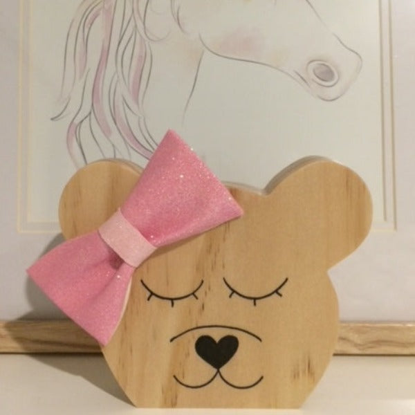 wooden bear the eco kind with pink sparkle hair tie bow decoration