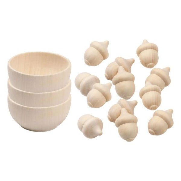 The Eco Kind Heuristic Wooden Acorn sorting set with x12 wooden acorns and x3 sorting bowls